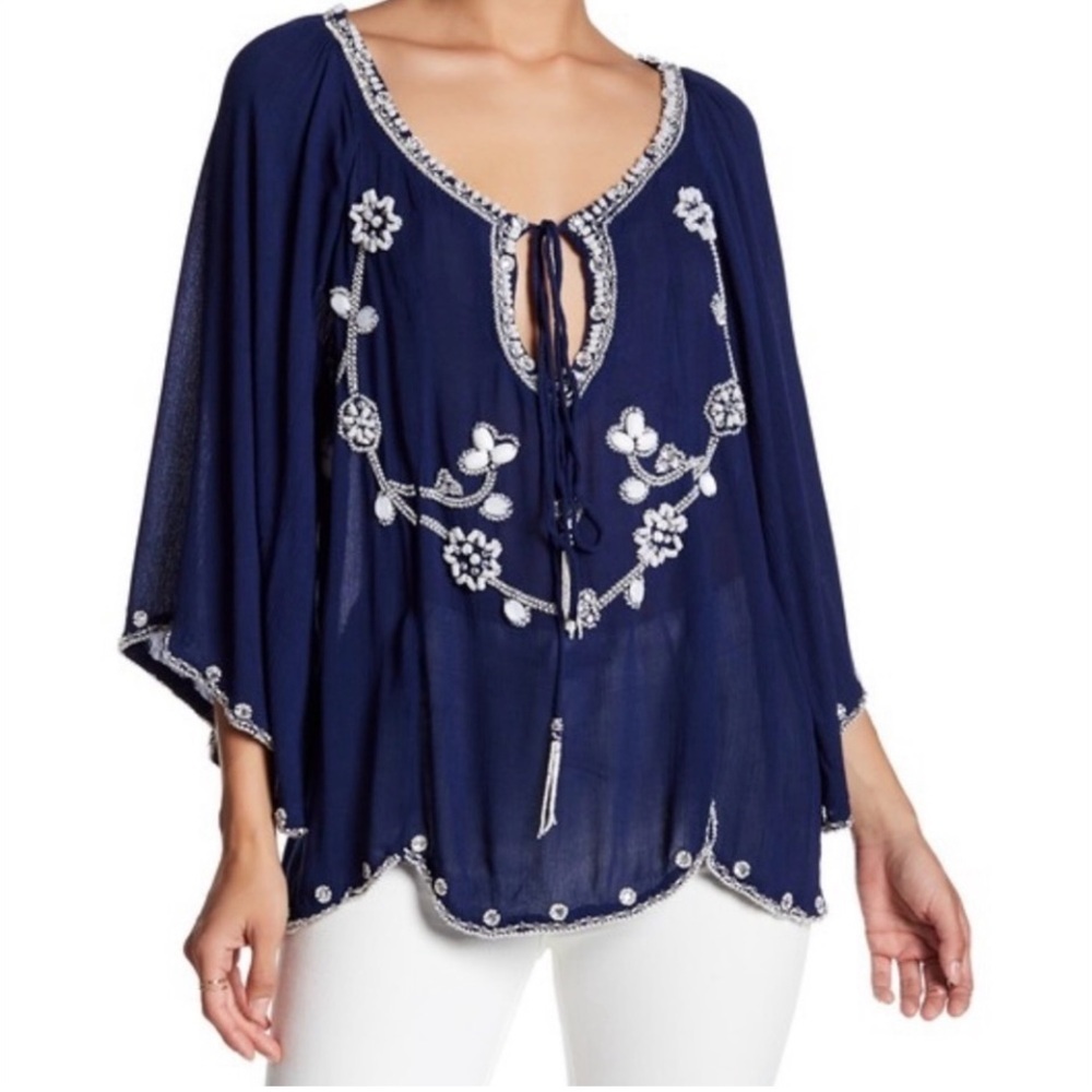 Raga Blue Beaded Meredith Coastal Beachy Bell Sleeve Blouse Size XS New W/ Tag